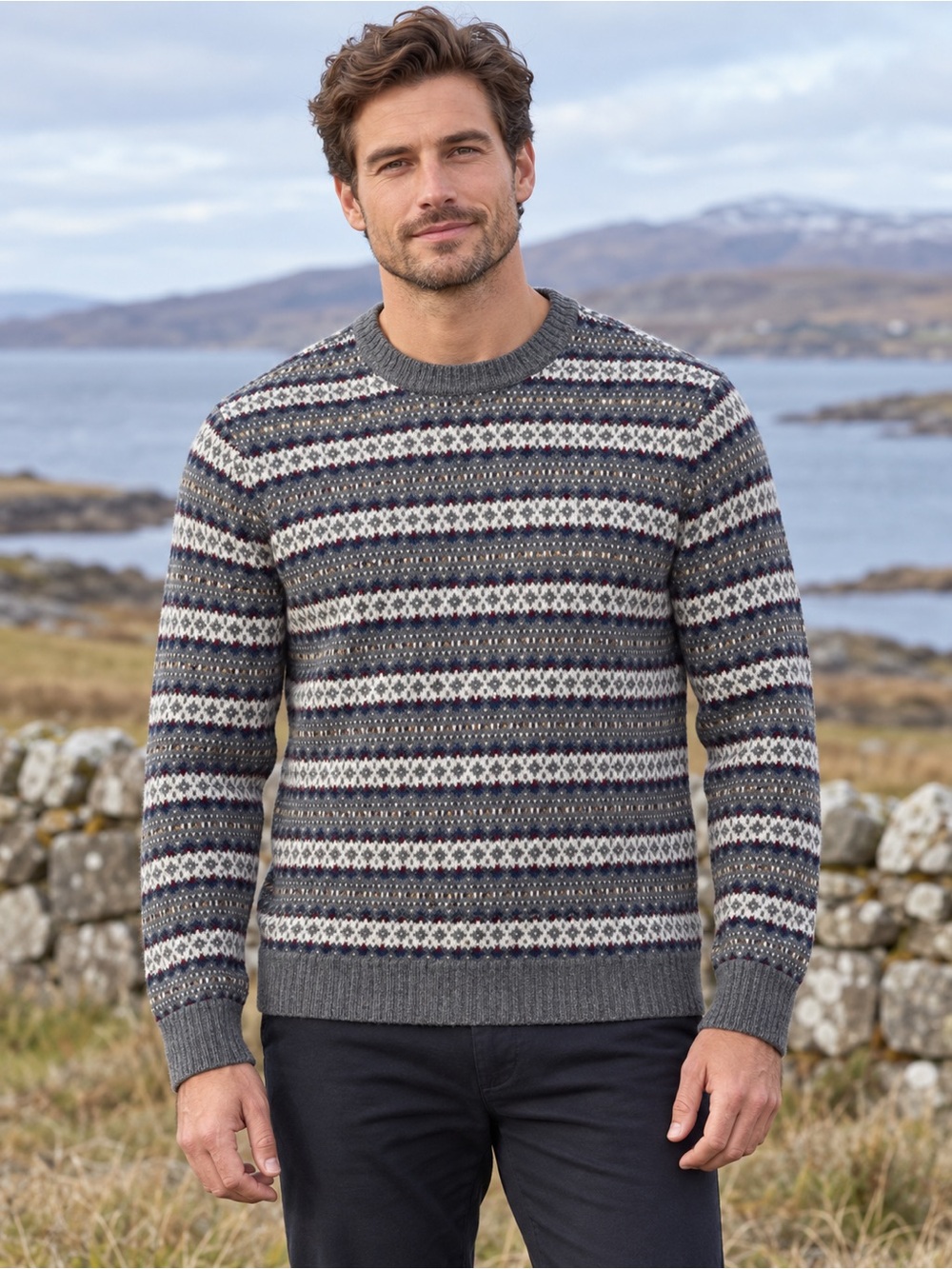 Club Room Lambswool Gray Fair Isle Crewneck Sweater Size XL